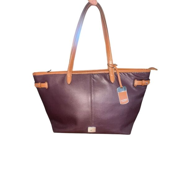 Lauren Ralph Lauren plum purple Leather & Brown Trim Tote Handbag carry all - Picture 9 of 10